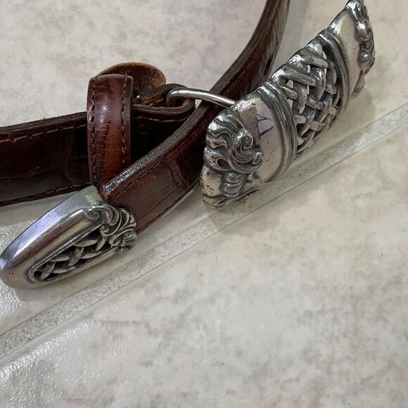 Vintage Brighton 1995 Silver Buckle Brown Braided Leather Waist Belt embossed M - Picture 4 of 12